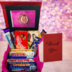 Thank you chocolate gift hamper with personalised card and assorted chocolate bars, elegant red presentation box