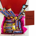 Luxury Snickers chocolate gift hamper with assorted flavours and personalised birthday greeting card