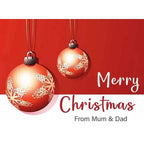 Personalised Christmas card with red baubles and custom message