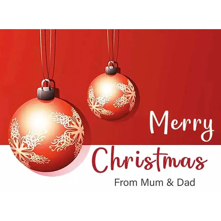 Personalised Christmas card with red baubles and custom message