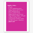 Crazy For You List in Pink – Sweet Valentine’s Card – personalised Valentine card, custom romantic greeting or anniversary card; make your own unique card.