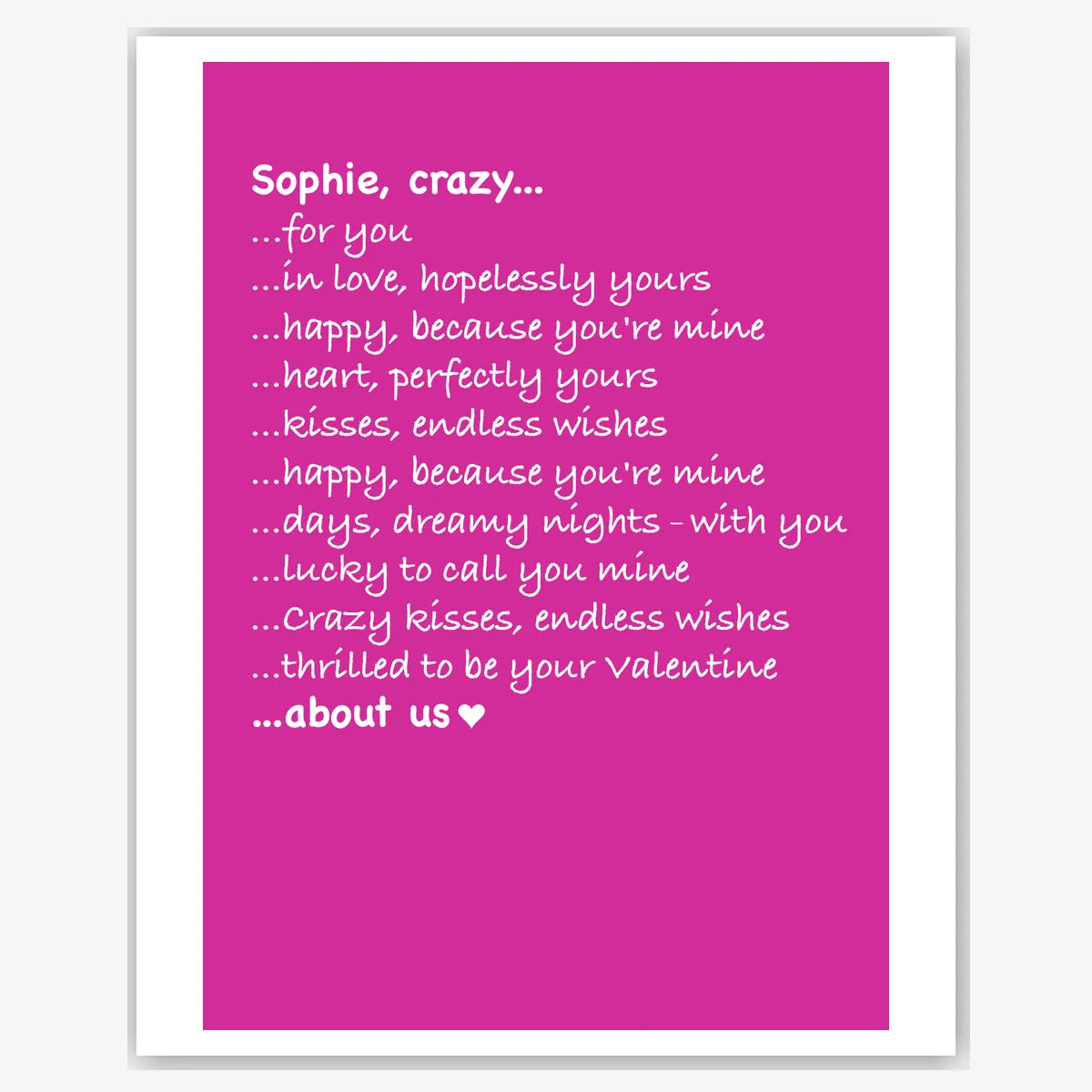 Crazy For You List in Pink – Sweet Valentine’s Card – personalised Valentine card, custom romantic greeting or anniversary card; make your own unique card.
