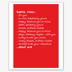 Crazy For You List on Red – Sweet Valentine’s Card – personalised Valentine card, custom romantic greeting or anniversary card; make your own unique card.