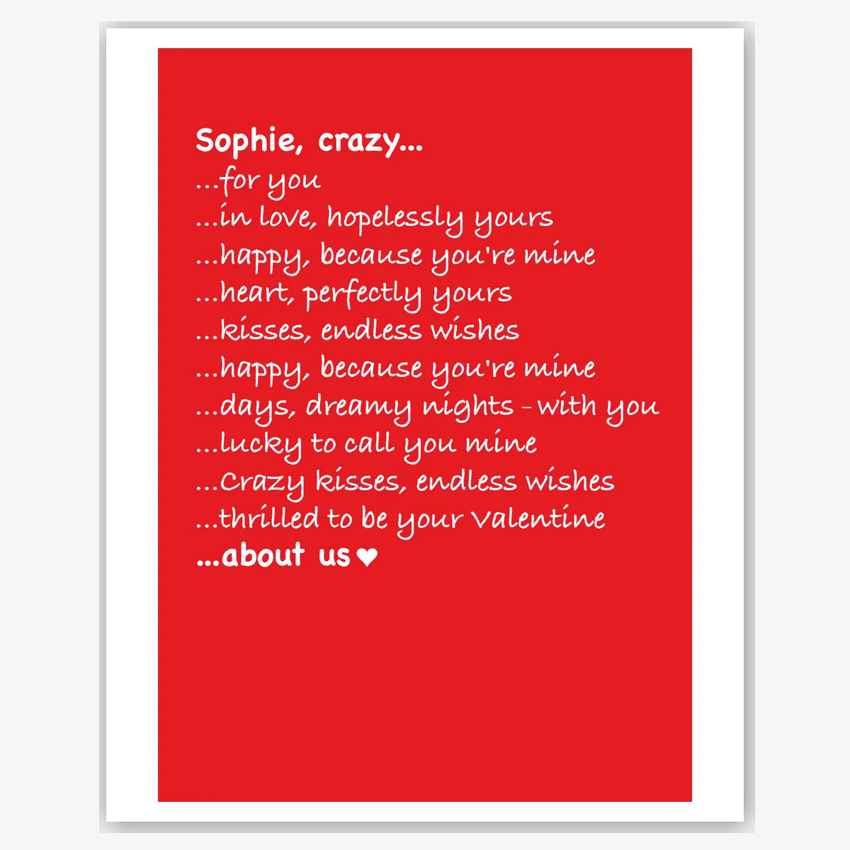 Crazy For You List on Red – Sweet Valentine’s Card – personalised Valentine card, custom romantic greeting or anniversary card; make your own unique card.