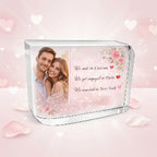 Custom crystal glass couple gift with love story message, personalised Valentine’s and anniversary present