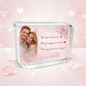 Custom crystal glass couple gift with love story message, personalised Valentine’s and anniversary present