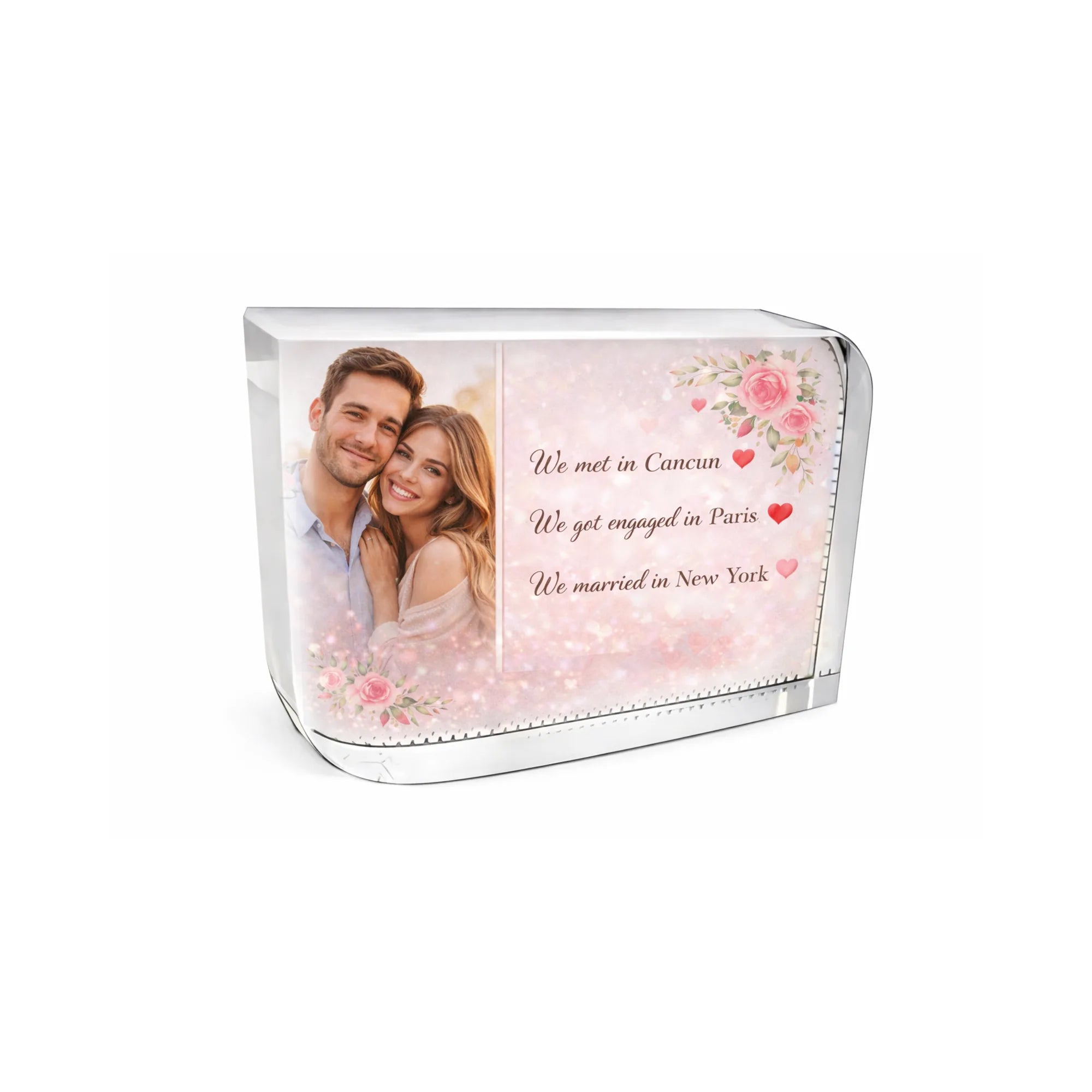 Personalised crystal glass block featuring a couple photo and relationship journey timeline showing where they met, got engaged and married, a meaningful personalised Valentine’s Day gift celebrating love stories.