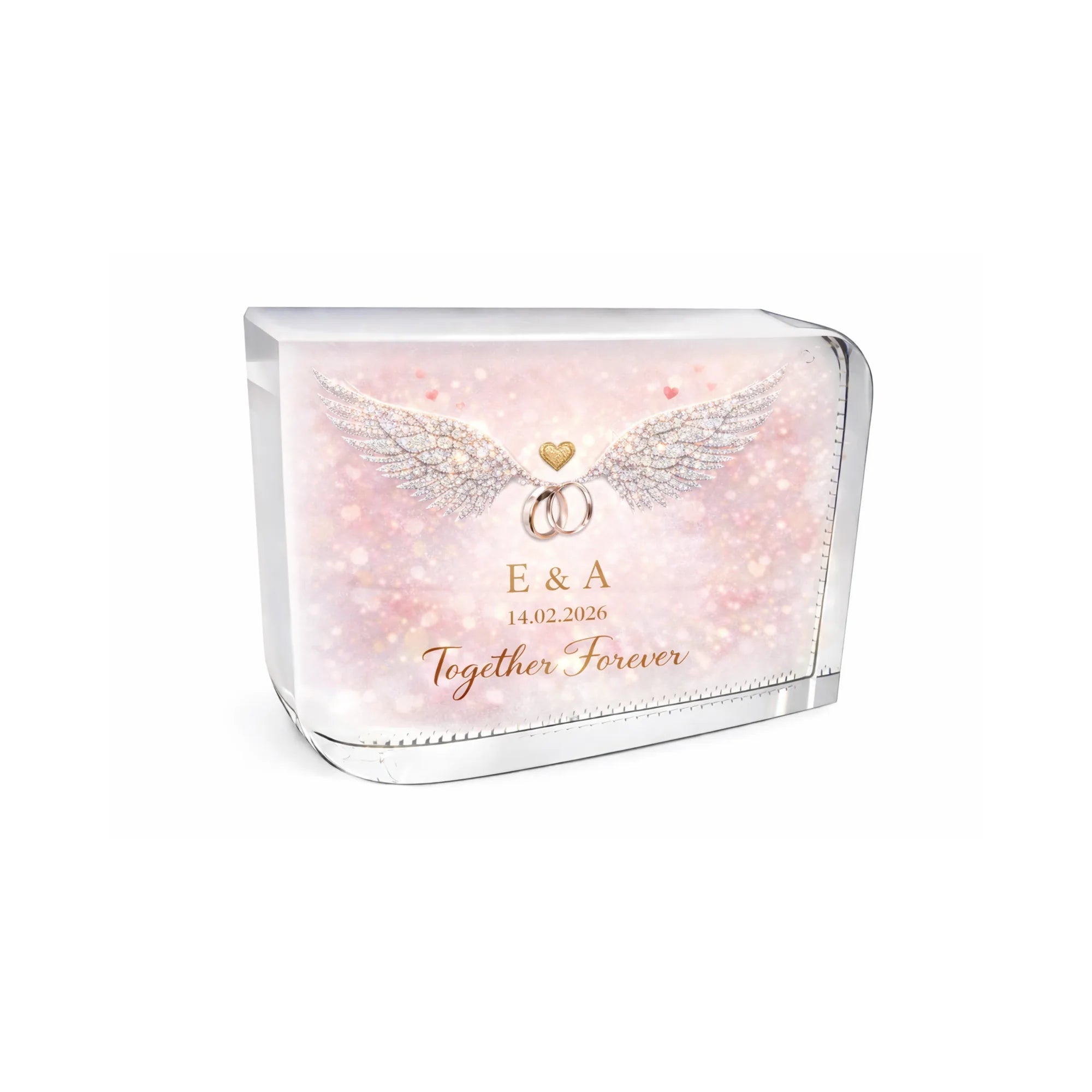 Luxury personalised crystal glass block with angel wings and wedding rings design, featuring custom initials and date, a meaningful Valentine’s Day gift and elegant personalised wedding or engagement keepsake.