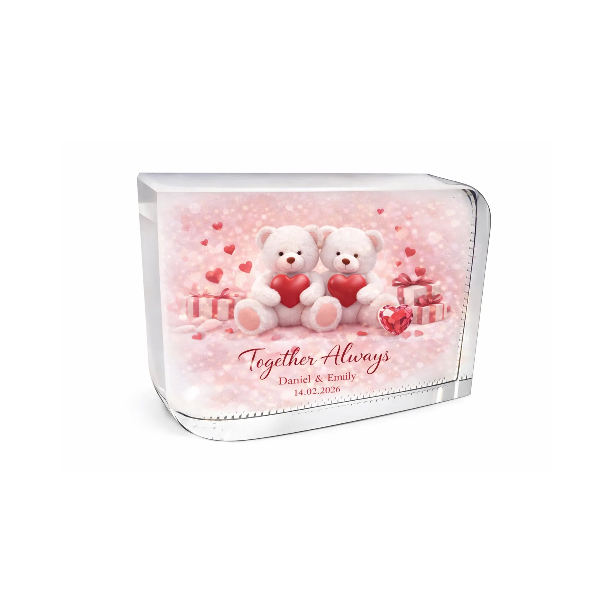Personalised Valentine’s crystal glass block with cute teddy bear design holding hearts, custom names and date, a charming romantic gift perfect for Valentine’s Day, anniversaries and couple keepsakes.