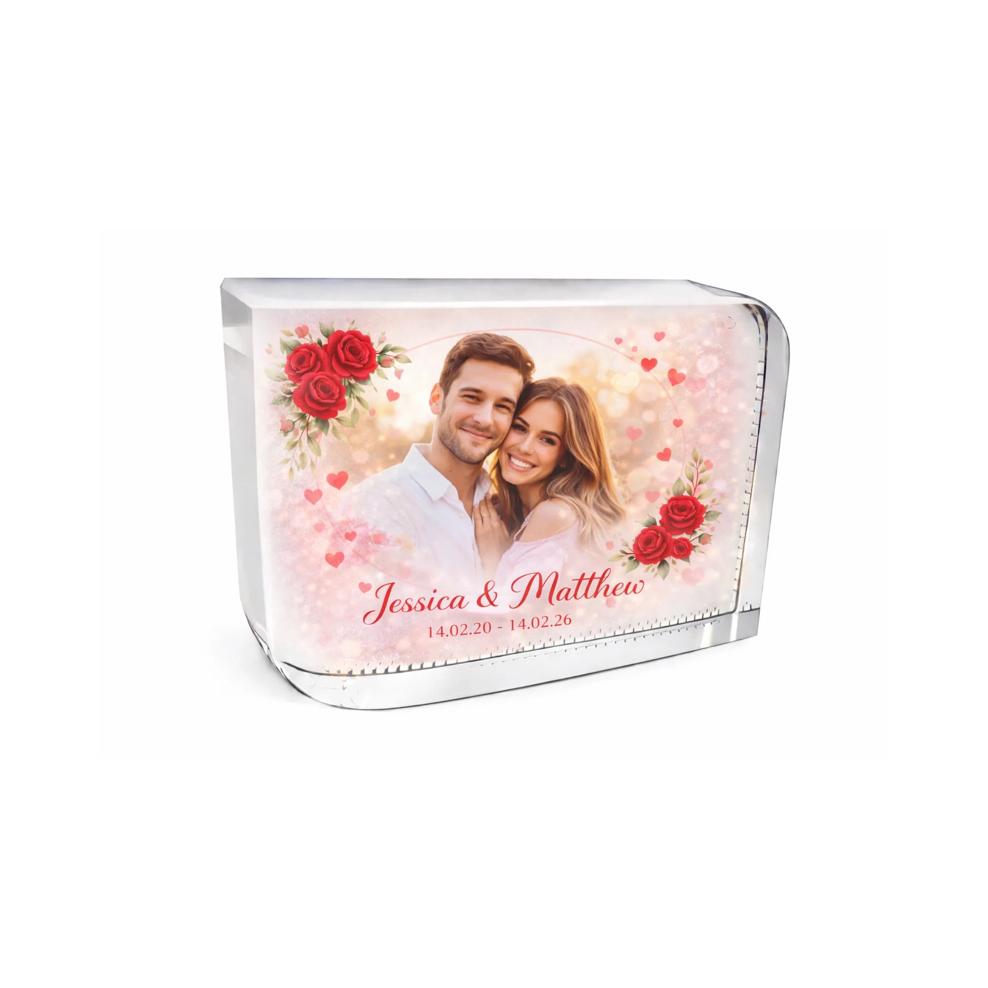 Personalised crystal glass block with romantic rose frame, couple photo, names and special dates, a thoughtful personalised Valentine’s Day gift and timeless anniversary keepsake.