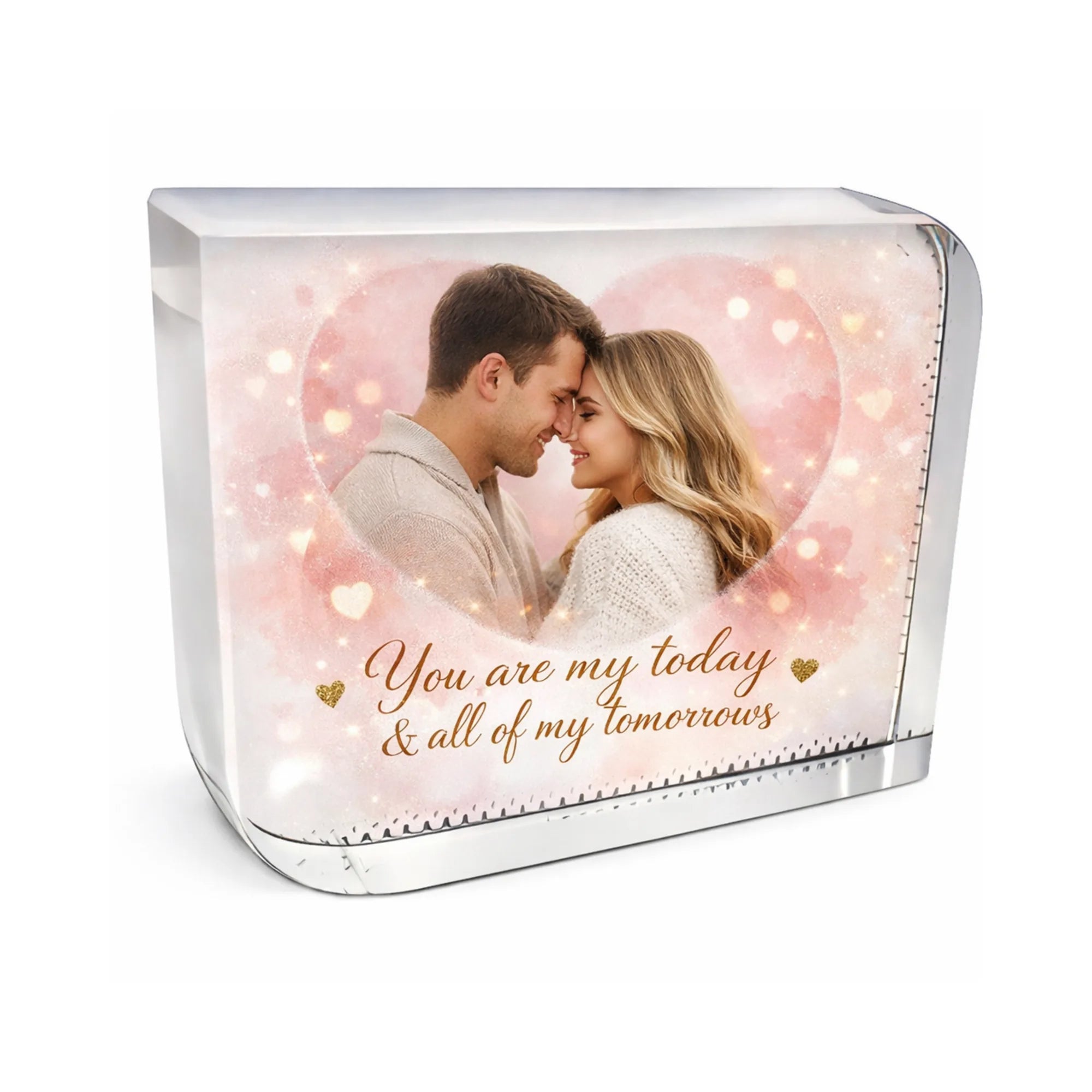 Personalised crystal glass block with floral Valentine design, custom names and special date, ideal as a romantic Valentine’s Day gift, anniversary keepsake or personalised wedding crystal for couples.
