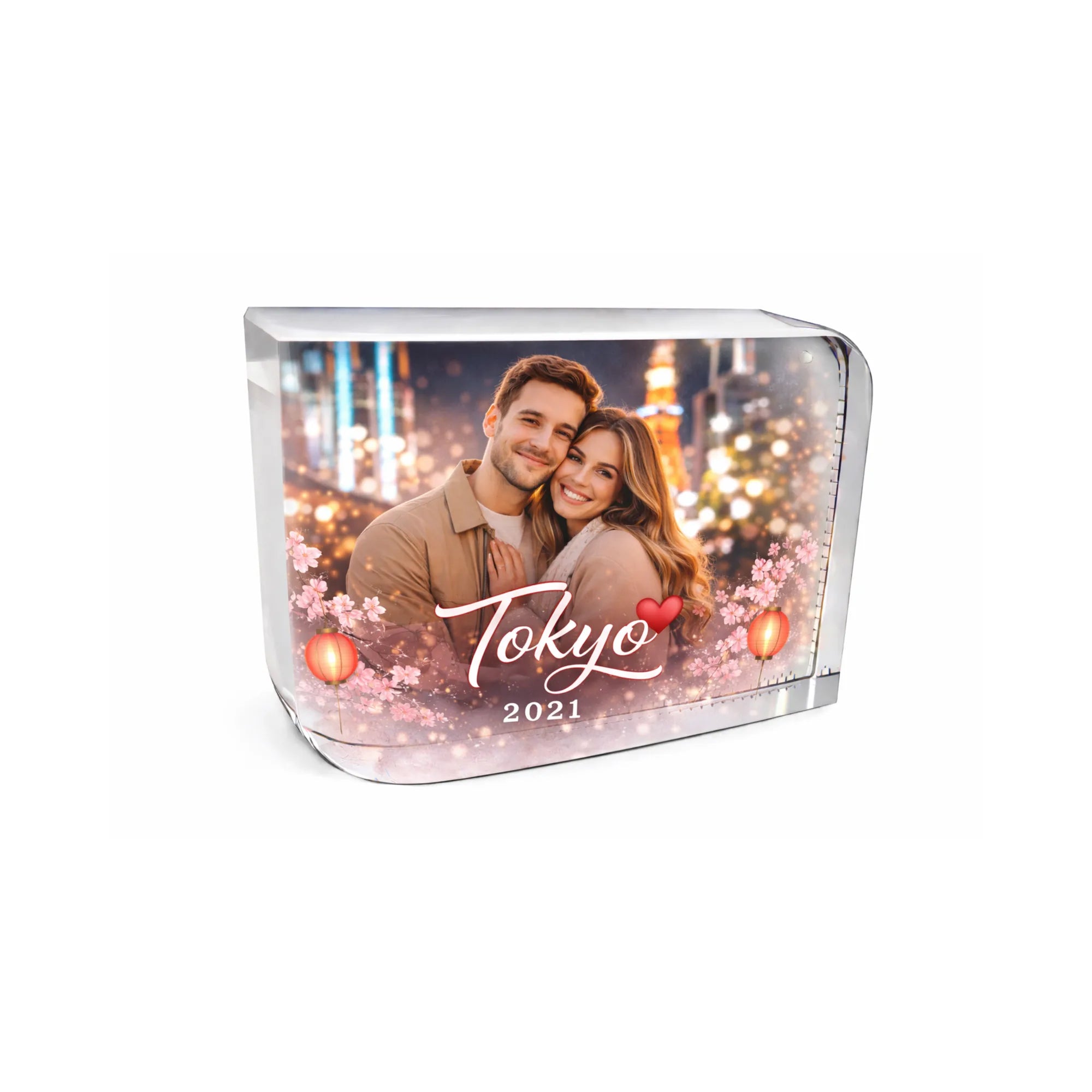 Personalised crystal photo block featuring a couple’s photo with Tokyo 2021 travel theme, cherry blossoms and lantern design, a unique personalised Valentine’s gift celebrating shared memories and journeys.