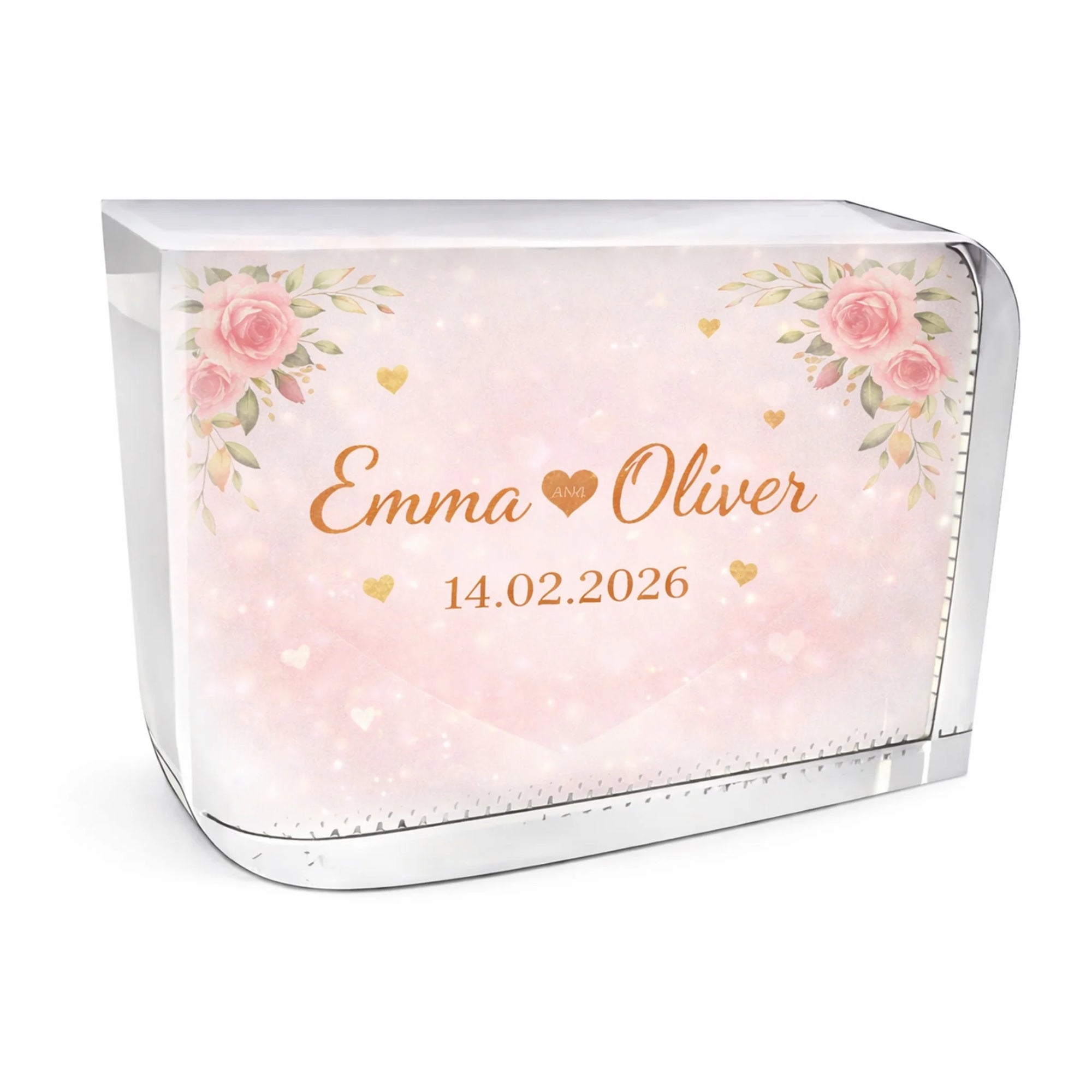 Personalised crystal glass Valentine gift with floral design, custom couple names and special date, elegant romantic keepsake crystal for Valentine’s Day, anniversary or wedding