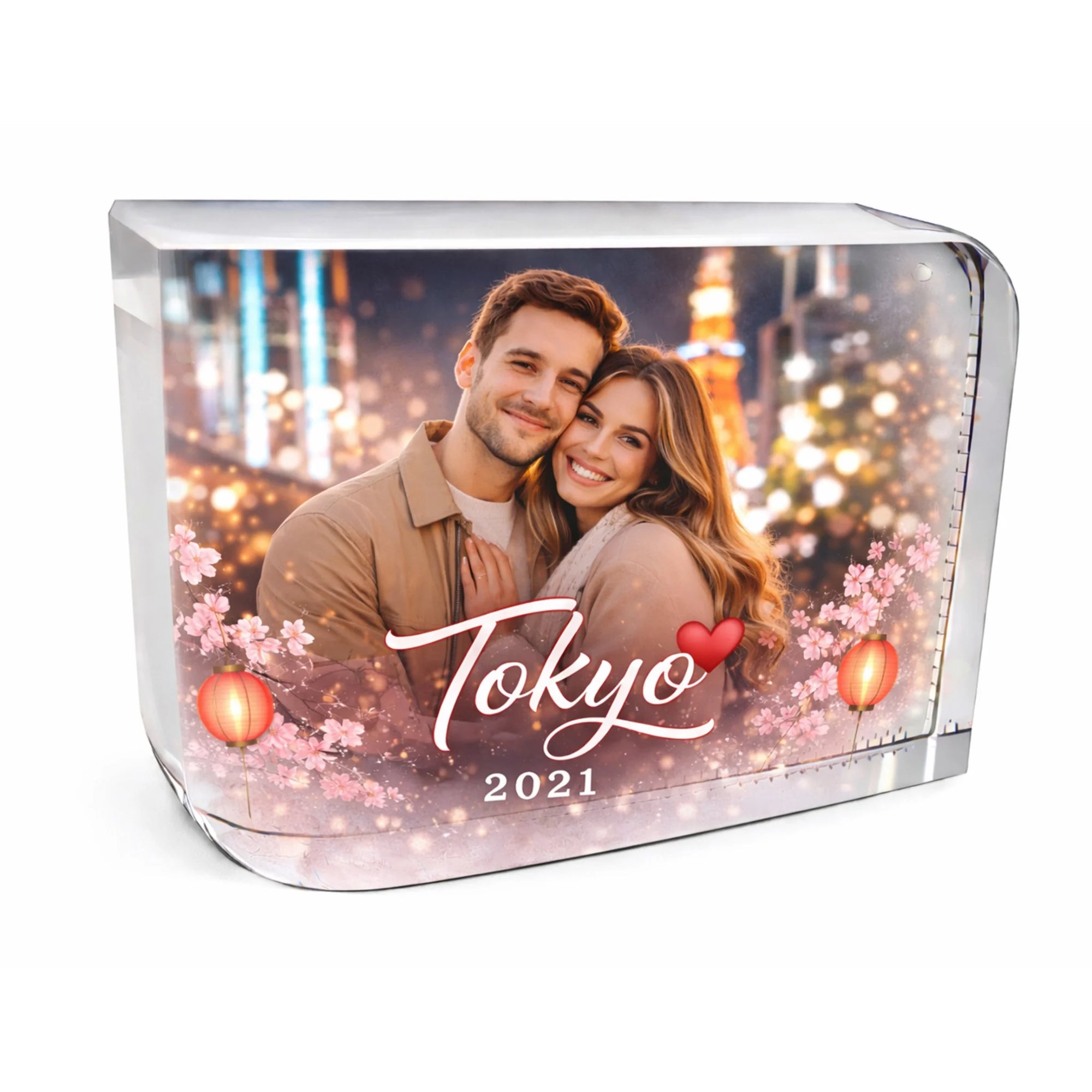 Personalised crystal glass Valentine’s gift with couple photo and Tokyo travel design, romantic keepsake capturing a special memory, luxury personalised crystal block for Valentine’s Day