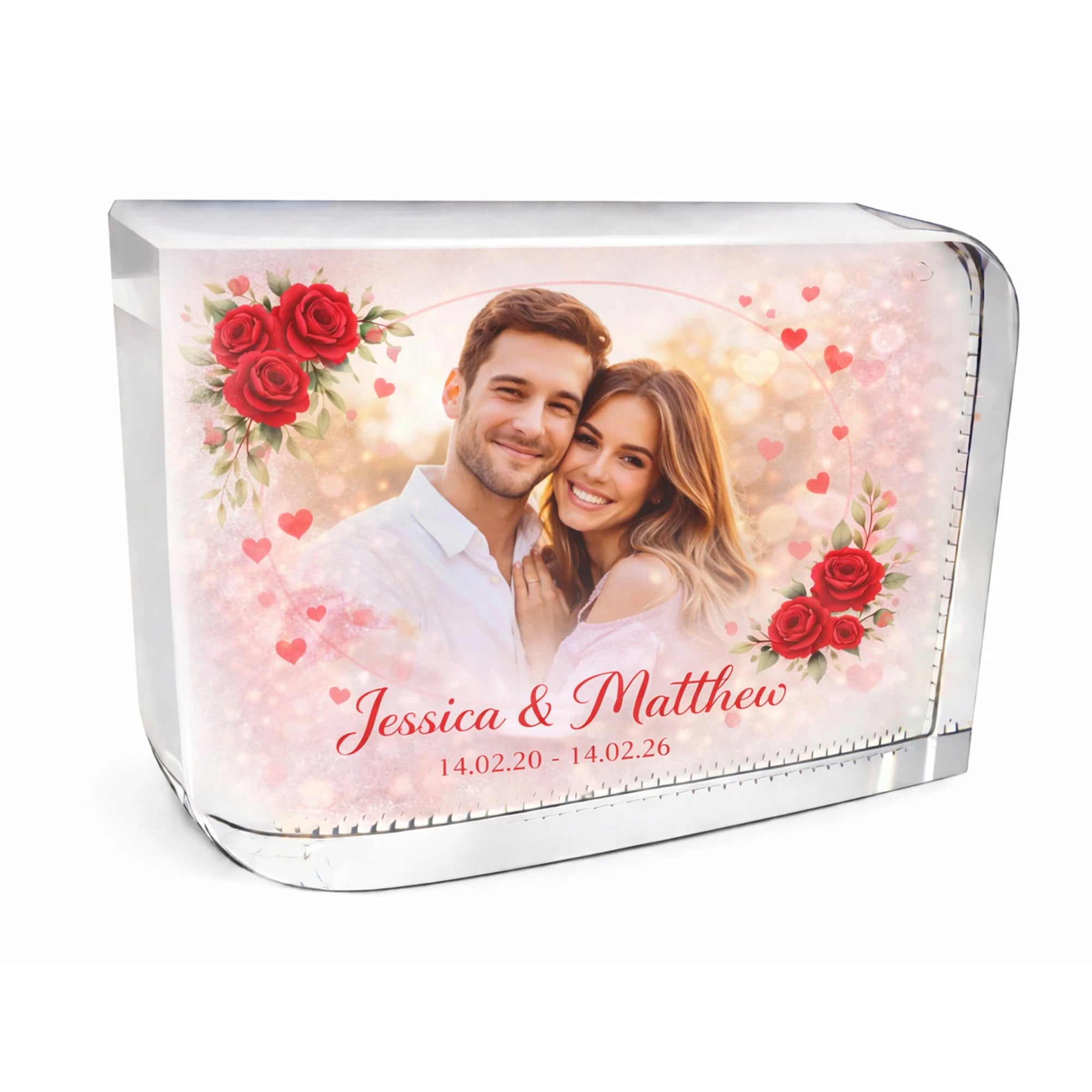 Luxury personalised Valentine’s Day crystal glass with couple photo and red rose design, romantic custom keepsake gift for him or her, perfect for anniversaries and Valentine’s Day