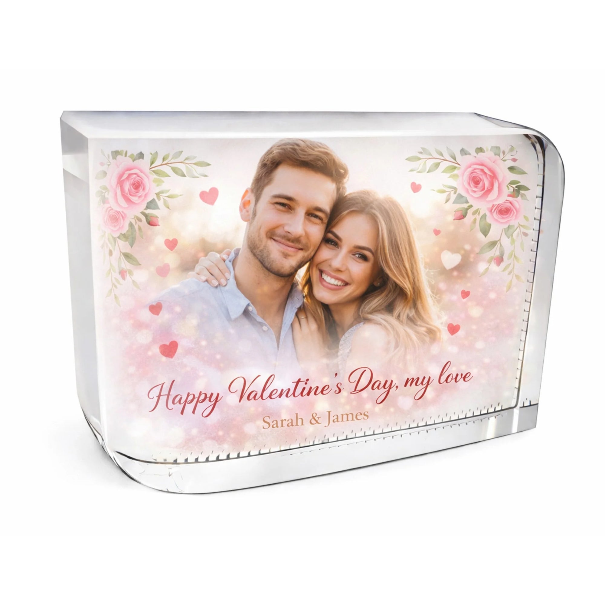 Personalised Valentine’s Day crystal glass photo block with romantic hearts and floral details, custom couple keepsake gift, elegant Valentine present for loved ones