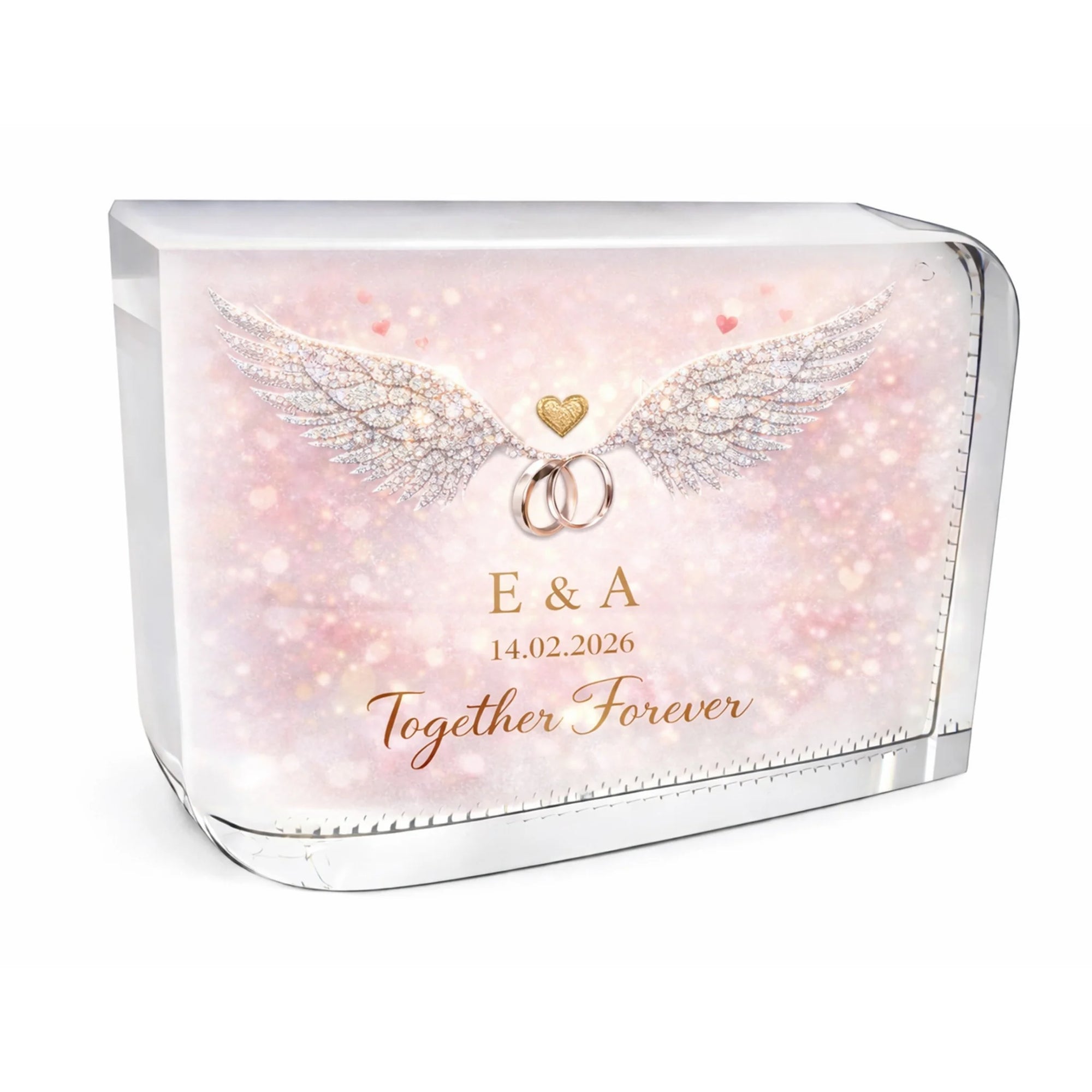 Personalised crystal glass Valentine gift with floral design, custom couple names and special date, elegant romantic keepsake crystal for Valentine’s Day, anniversary or wedding