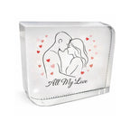 Modern personalised Valentine’s Day crystal glass with minimalist couple line art and hearts, elegant romantic keepsake gift for couples, anniversary or Valentine present