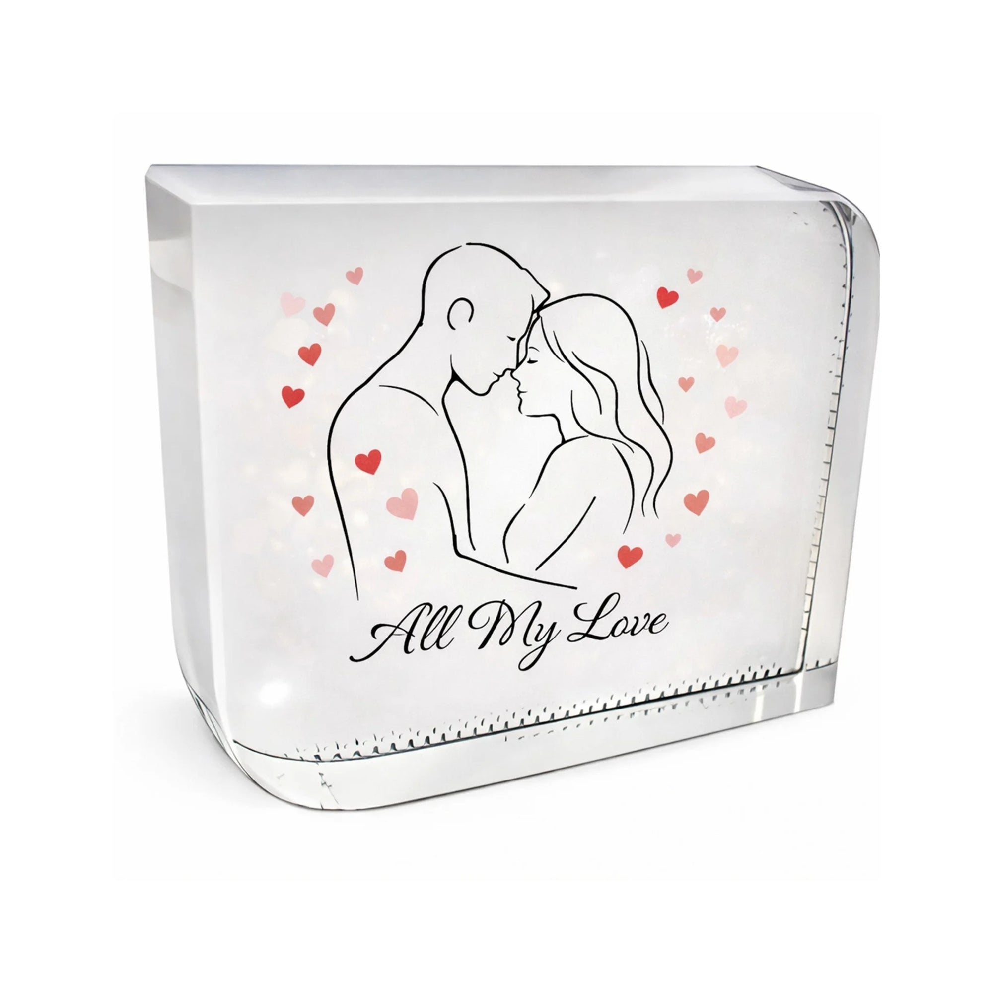 Modern personalised Valentine’s Day crystal glass with minimalist couple line art and hearts, elegant romantic keepsake gift for couples, anniversary or Valentine present