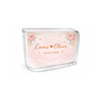 Personalised Valentine’s crystal glass block with soft pink floral background, custom names and date, perfect as a romantic personalised gift for Valentine’s Day, weddings or anniversaries.