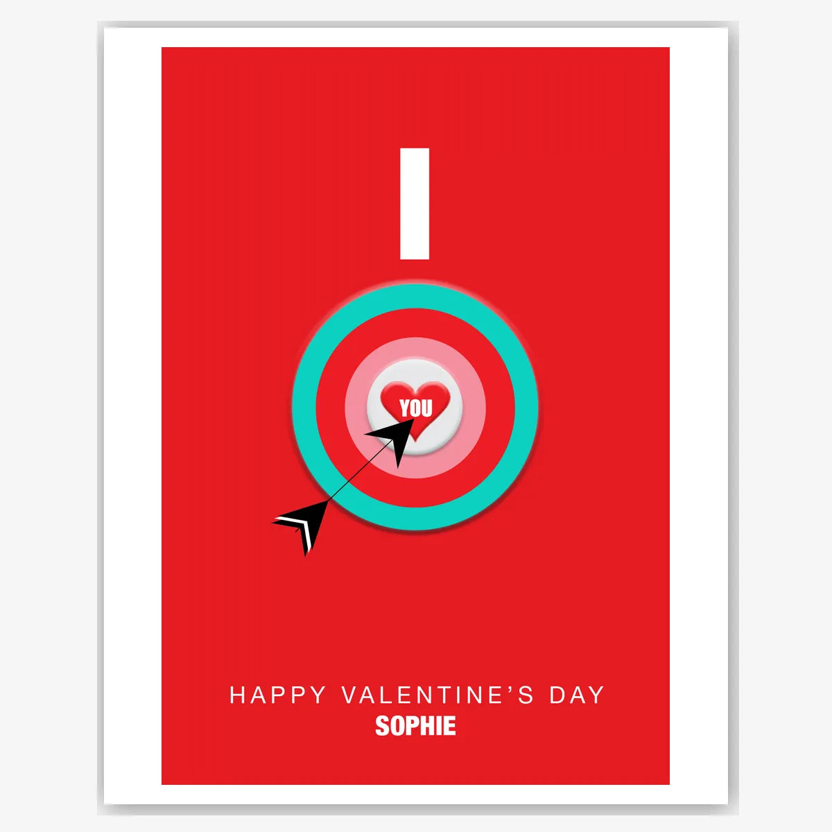 Cupid Target I Heart You – Personalised Card – personalised Valentine card, custom romantic greeting or anniversary card; make your own unique card.