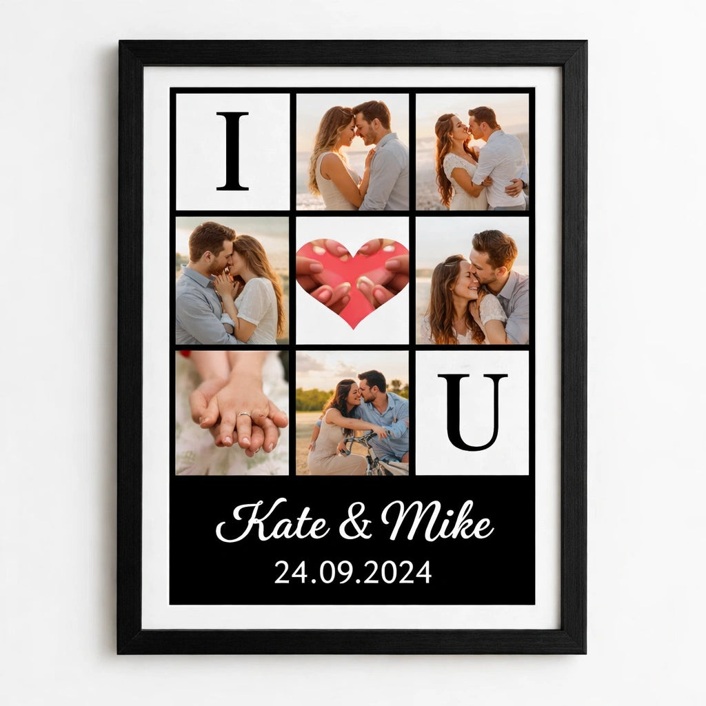 Custom couple photo collage print with I love you design and personalised names