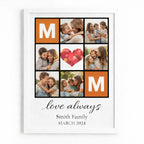 Custom family photo collage wall art with initial blocks heart centre and personalised text