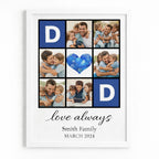 Custom family photo collage wall art with personalised text and heart centre design