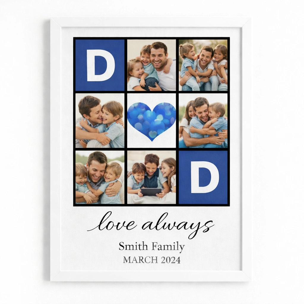 Custom family photo collage wall art with personalised text and heart centre design