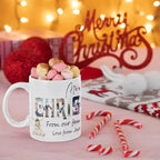 Personalised Christmas photo mug with festive lettering, custom text and coloured interior.
