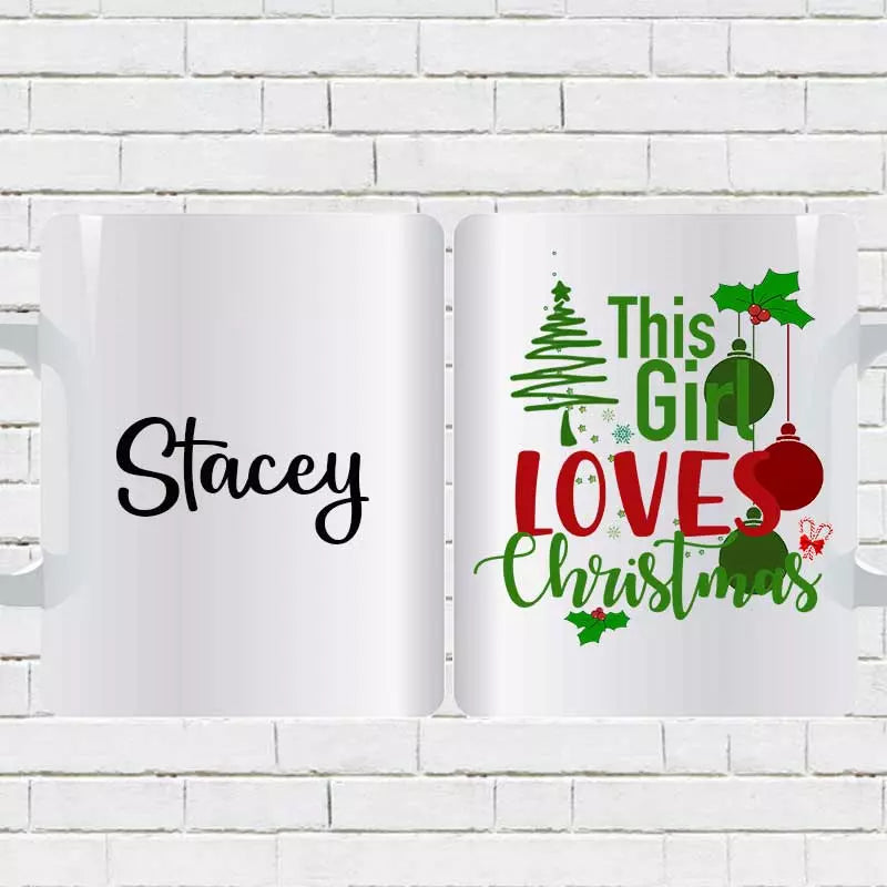 This Girl Loves Christmas mug with coloured interior and festive slogan.
