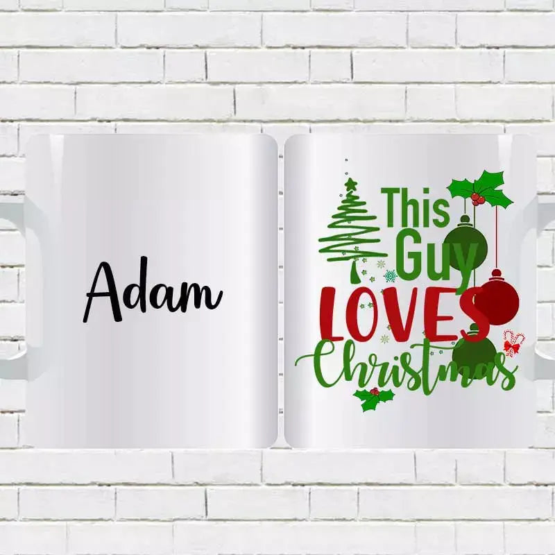 This Guy Loves Christmas mug with coloured interior and festive printed design.