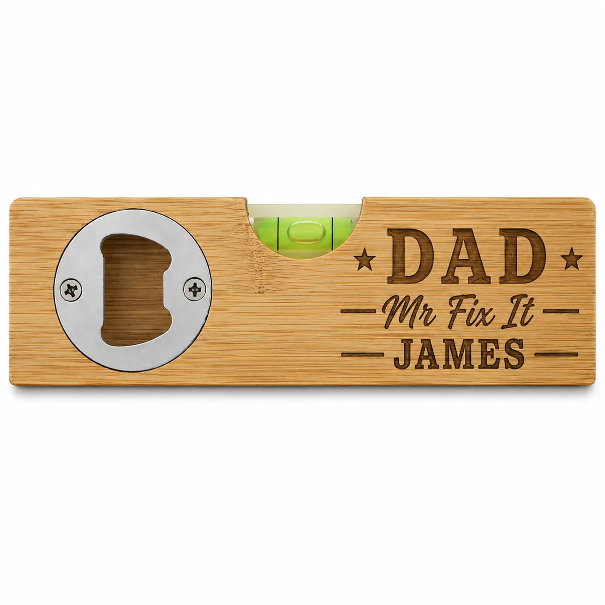 Personalised Dad Mr Fix It bamboo spirit level and bottle opener with custom name