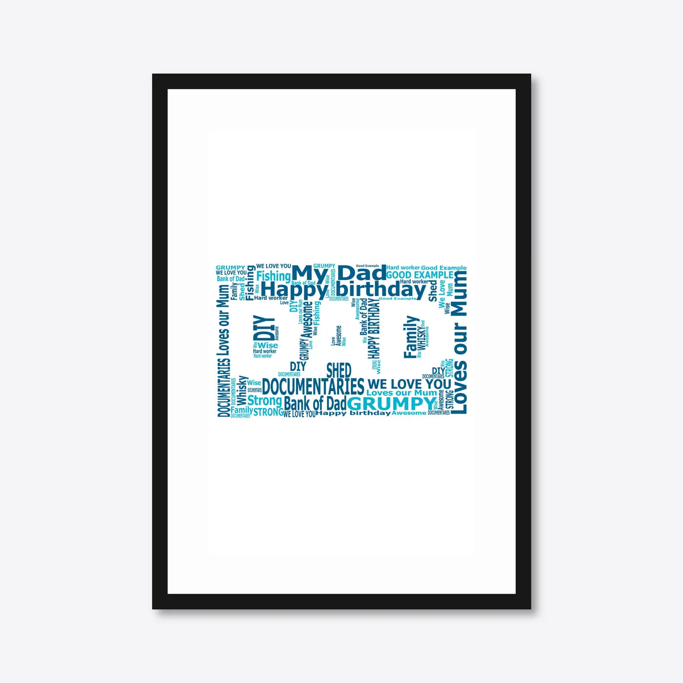 Personalised DAD Word Art – Father’s Day Gift – Traits & Messages – A3 – black frame