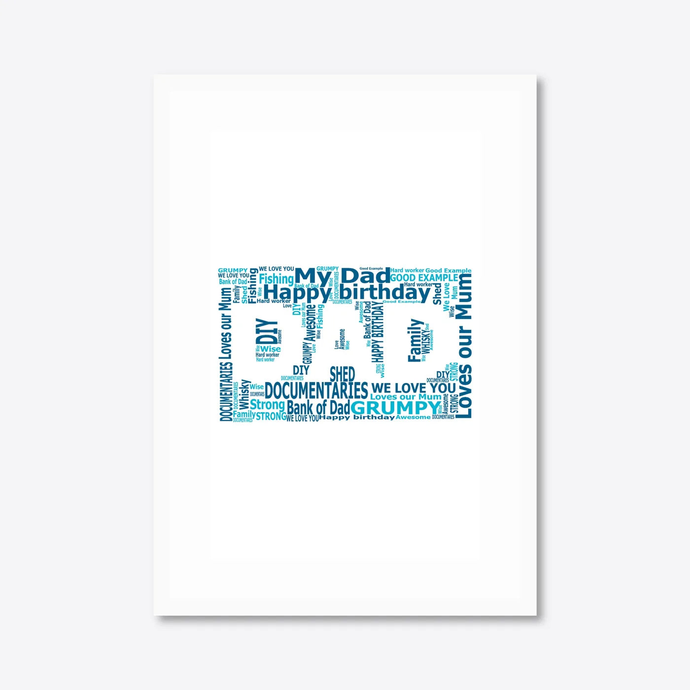 Personalised DAD Word Art – Father’s Day Gift – Traits & Messages – A3 – white frame
