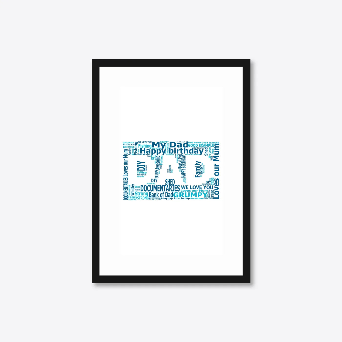 Personalised DAD Word Art – Father’s Day Gift – Traits & Messages – A4 – black frame