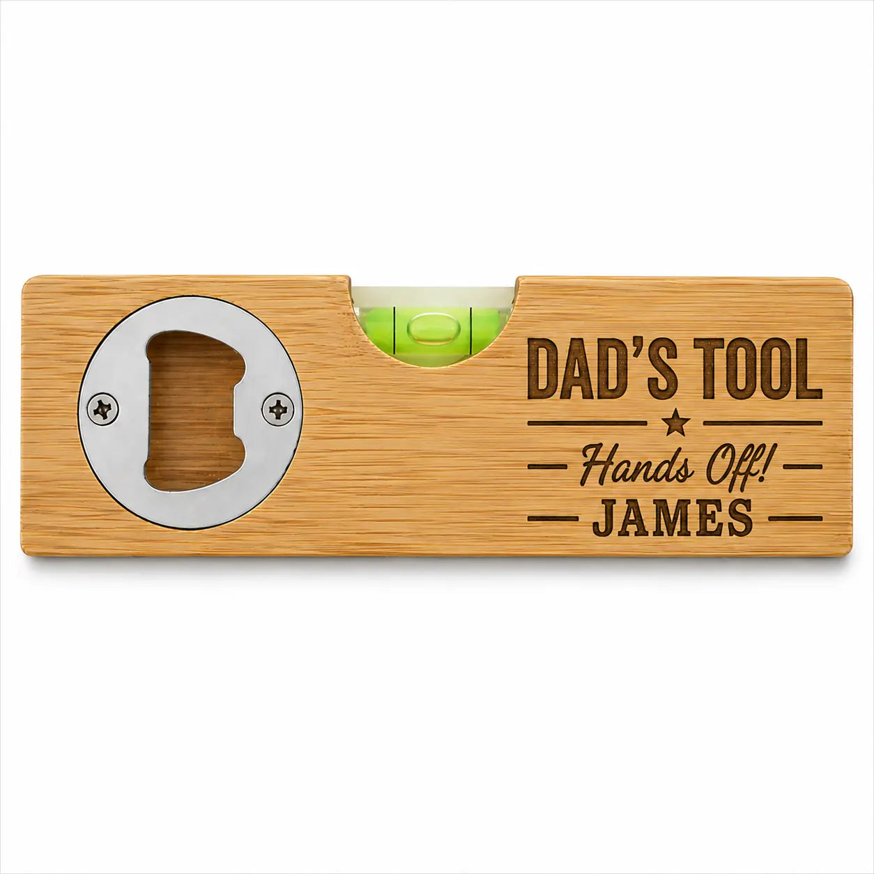 Personalised Dad’s Tool bamboo spirit level and bottle opener with custom name