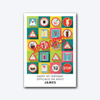 Personalised 18th birthday card with colourful cocktail icon grid and name – soft grey shadow