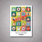 Personalised 18th birthday card with colourful cocktail icon grid and name – confetti celebration