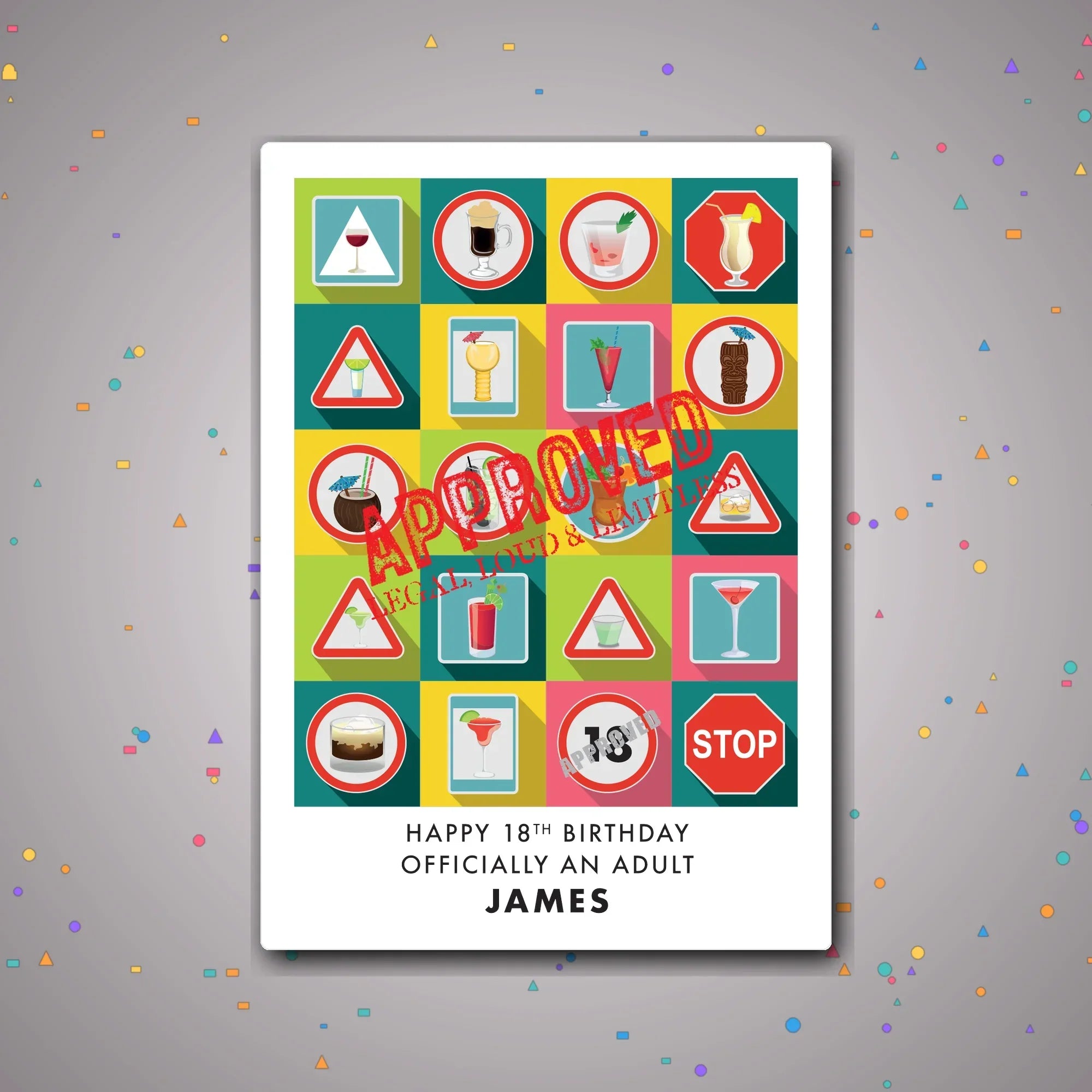Personalised 18th birthday card with colourful cocktail icon grid and name – confetti celebration