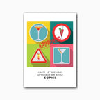 Personalised 18th birthday card featuring cocktail quartet artwork and name – studio light