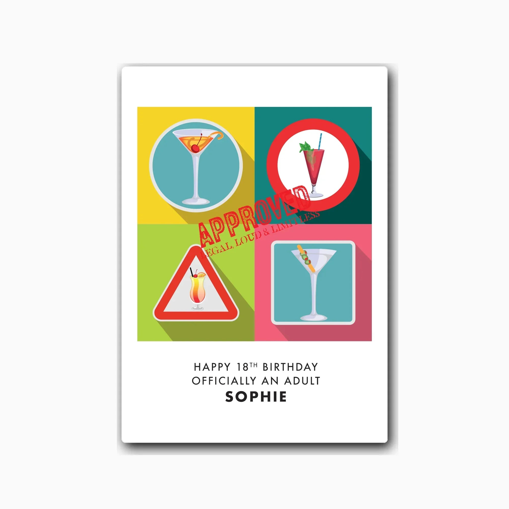 Personalised 18th birthday card featuring cocktail quartet artwork and name – studio light