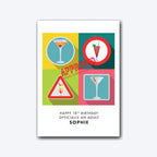 Personalised 18th birthday card featuring cocktail quartet artwork and name – soft grey shadow