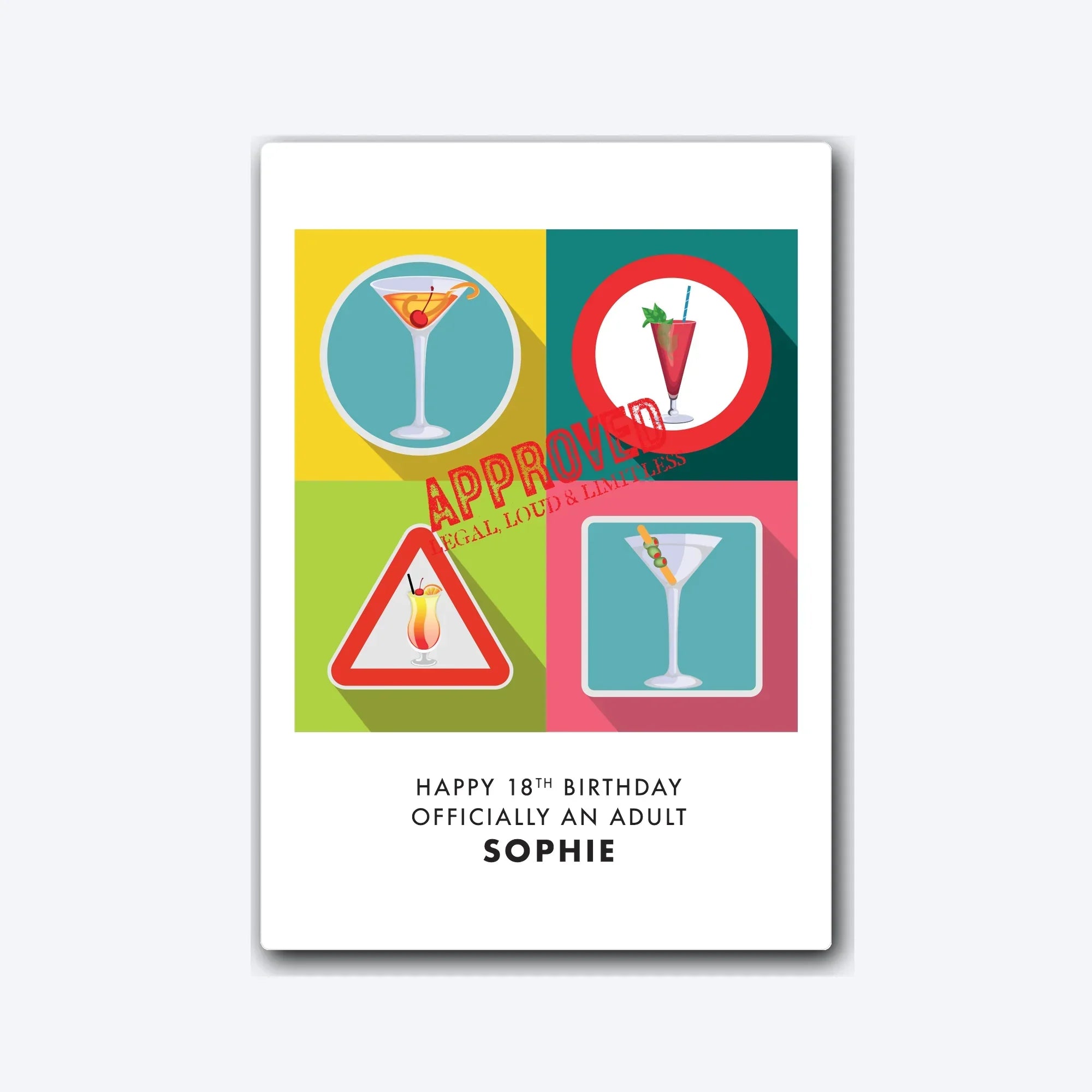 Personalised 18th birthday card featuring cocktail quartet artwork and name – soft grey shadow