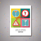 Personalised 18th birthday card featuring cocktail quartet artwork and name – confetti celebration