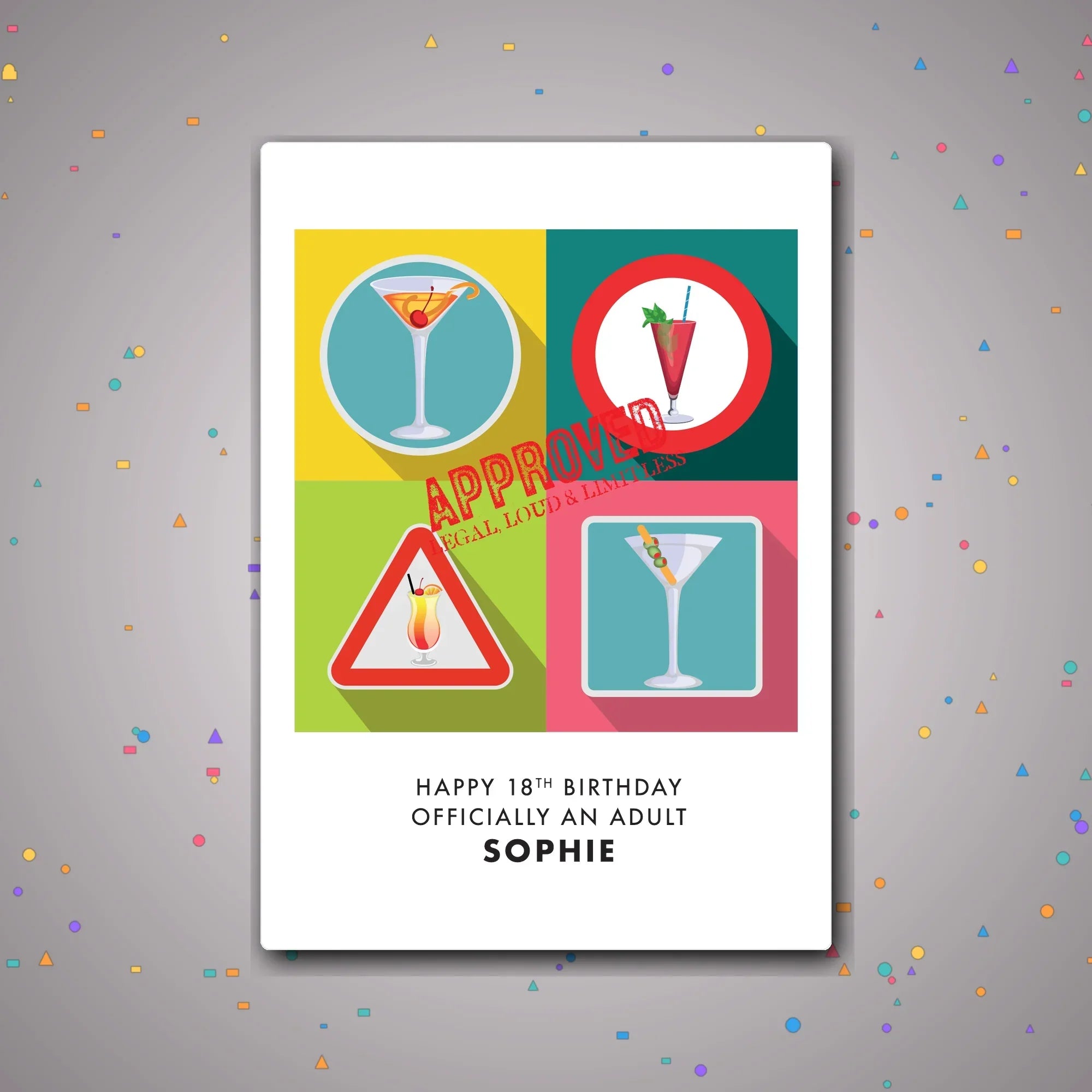 Personalised 18th birthday card featuring cocktail quartet artwork and name – confetti celebration