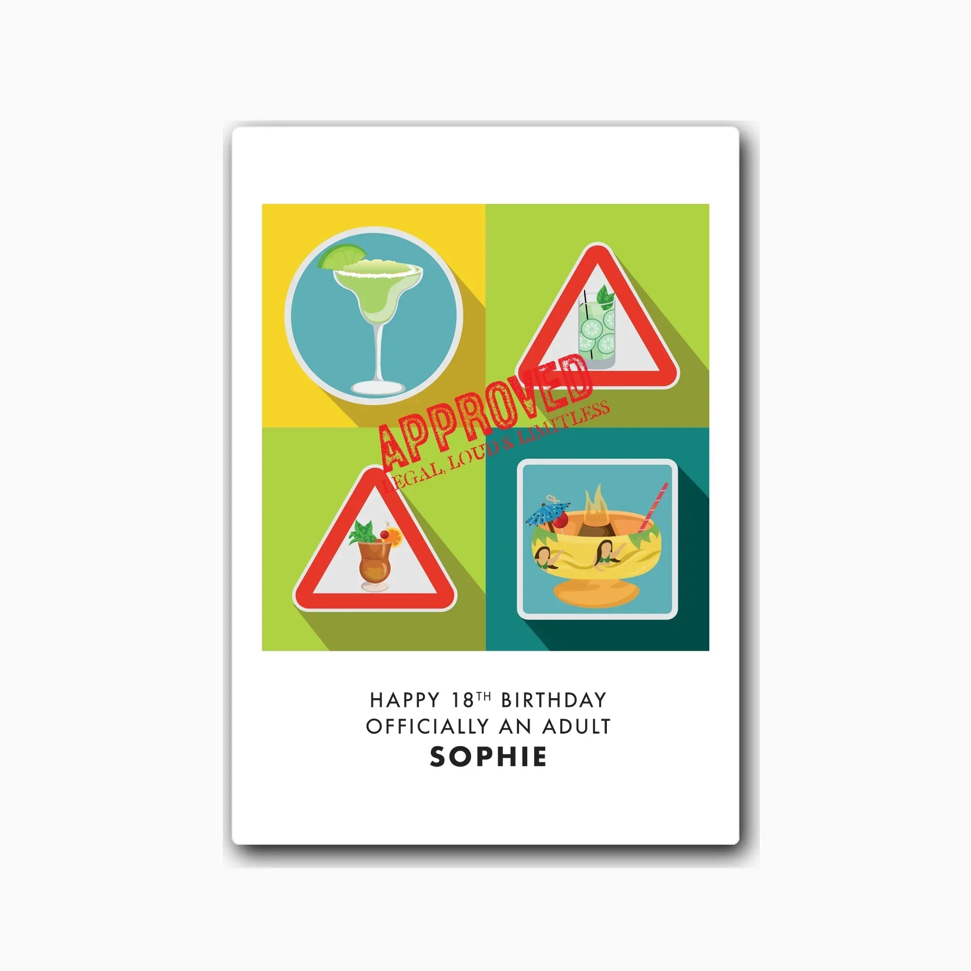 Personalised 18th birthday card with modern cocktail quartet and custom name – studio light