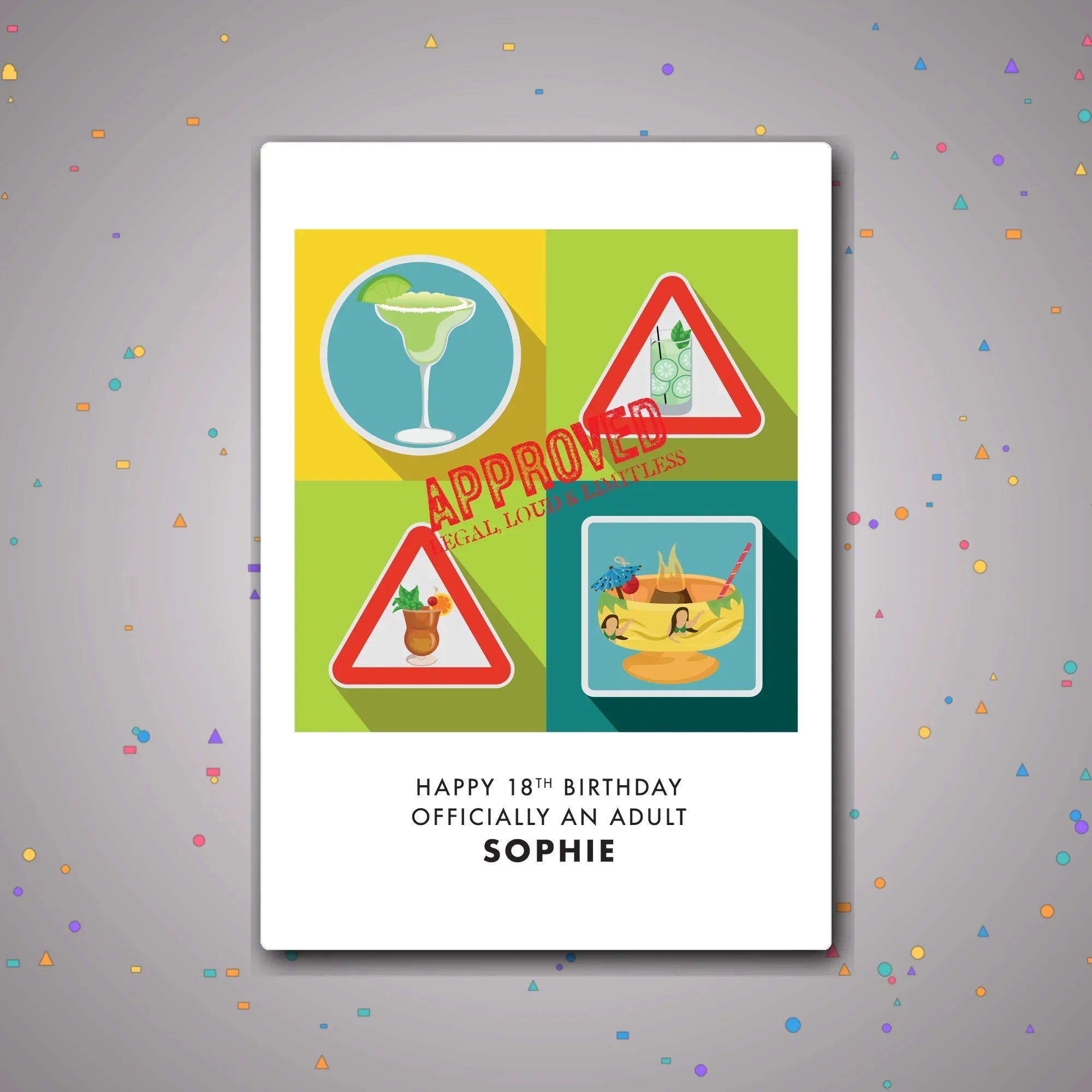 Personalised 18th birthday card with modern cocktail quartet and custom name – confetti celebration