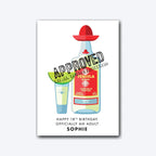 Personalised 18th birthday card with tequila bottle and shot illustration – soft grey shadow