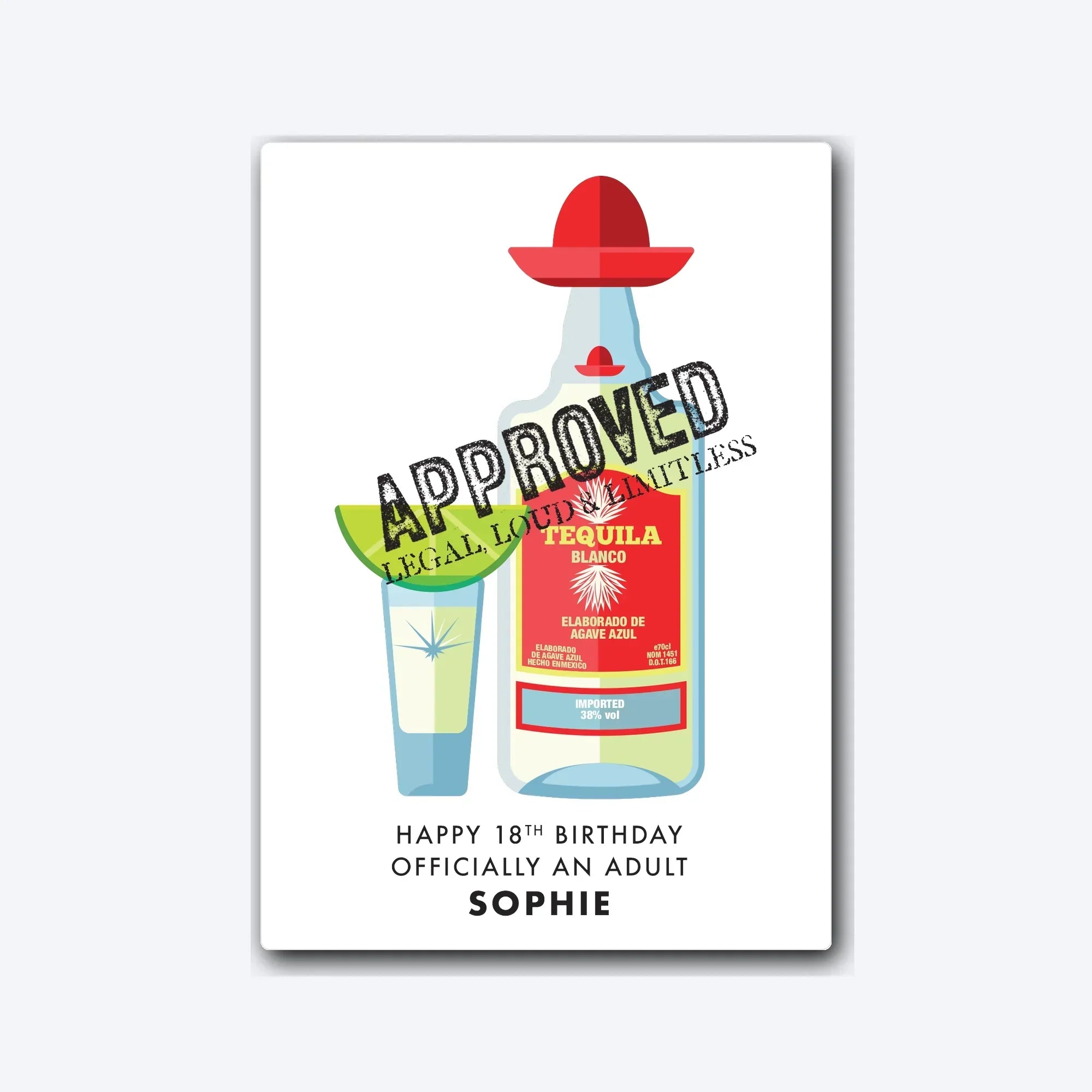 Personalised 18th birthday card with tequila bottle and shot illustration – soft grey shadow